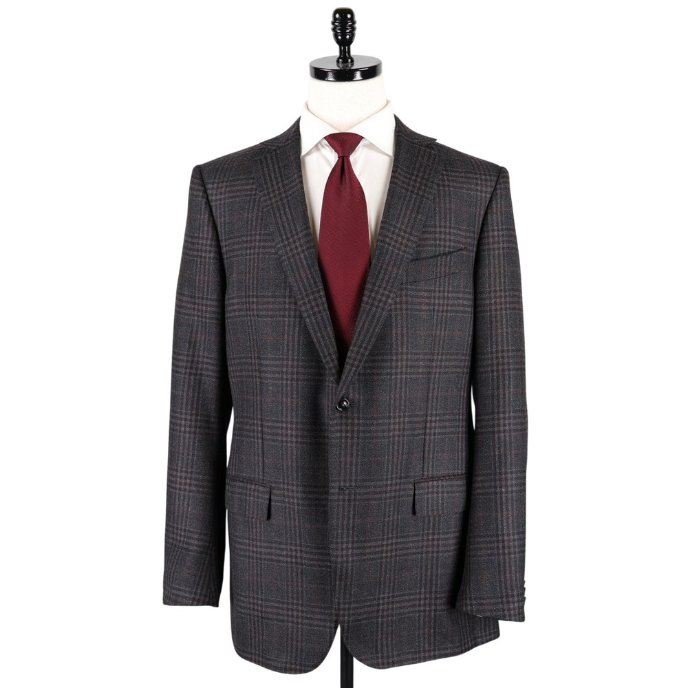 Ermenegildo Zegna Sport Coat 44L Grey Burgundy Plaid Wool Cashmere Blazer Italy